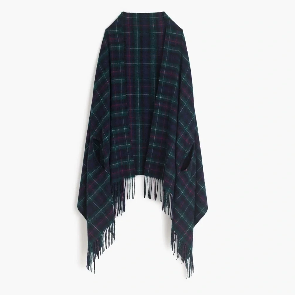 J.Crew Plaid Cape Scarf Navy Green Classic Tartan Check
